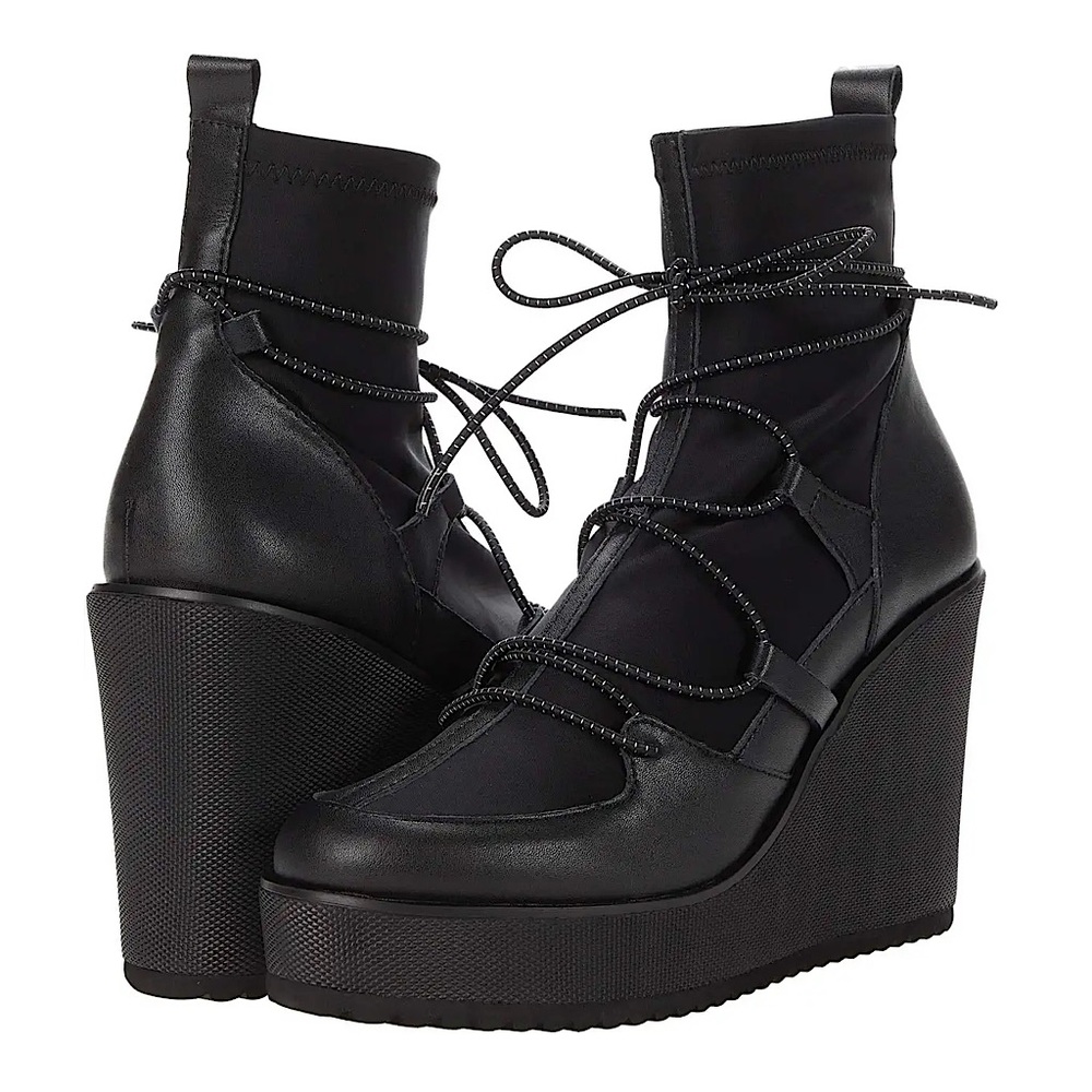 Steve Madden Women's Atomic Leather Wedge Boots Black Pull-On Booties NWOT